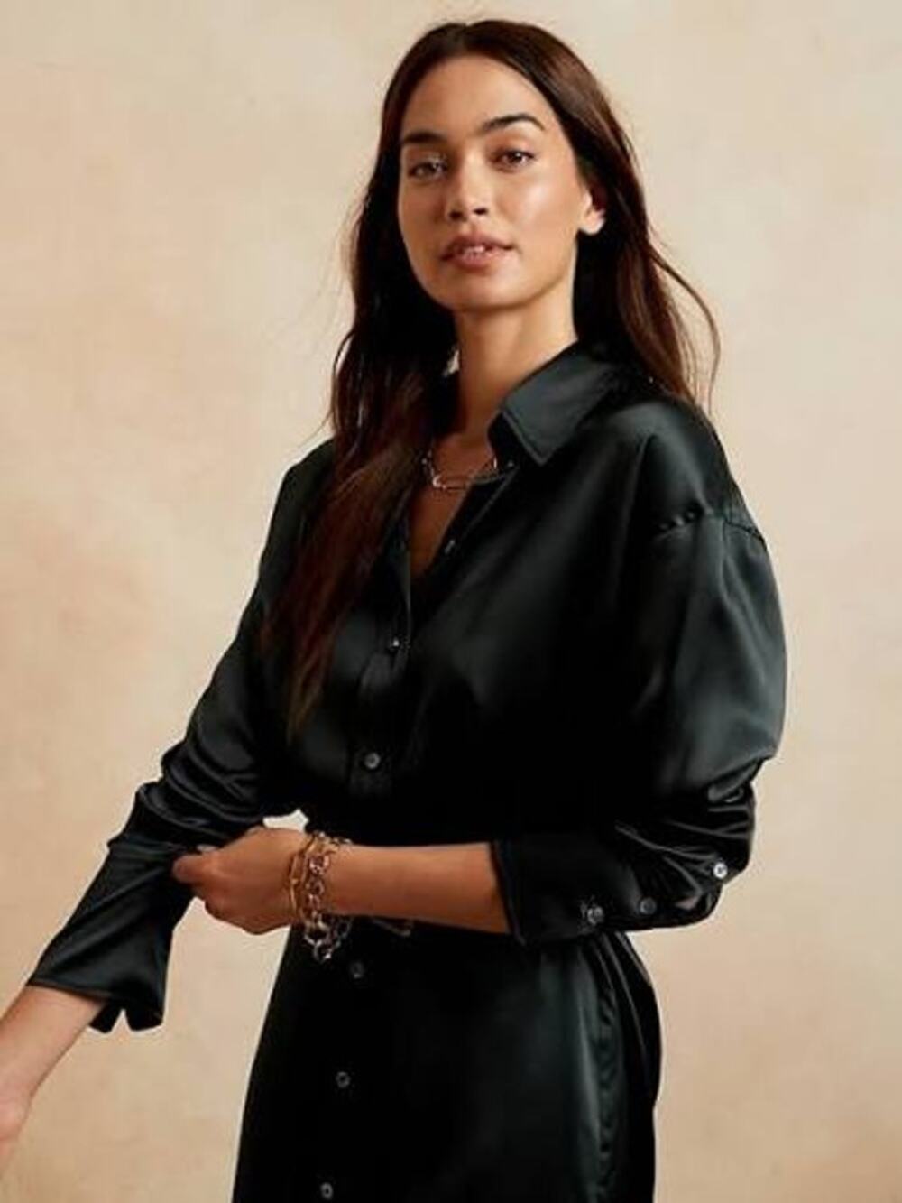 Banana Republic Black Satin Mini Shirt Dress button up with Waist Tie NWT New